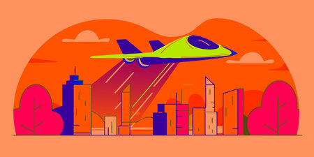 A vibrant, cartoon style illustration shows a futuristic neon jet plane flying over a stylized...