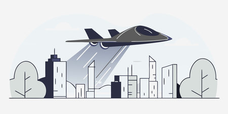 A modern flat design illustration of an airplane flying over a stylized city skyline. This clean,...