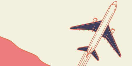 A stylized minimalist illustration of an airplane ascending into a pale sky. This retro style...