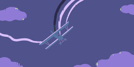 An exciting stylized illustration shows a vintage biplane performing a steep dive. Smoke trails...
