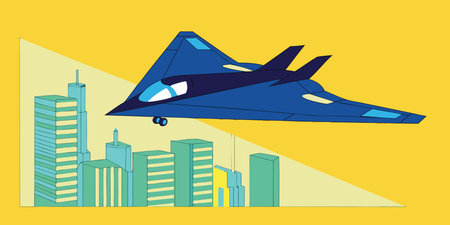 A stylized illustration features a dark blue stealth aircraft flying over a vibrant green and yellow...