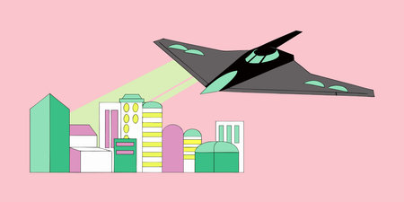 A futuristic stealth jet emits a green light beam while hovering over a vibrant, geometric...