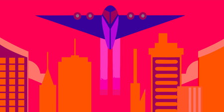Explore this striking graphic illustration featuring a jet soaring above a city skyline. Rendered in...