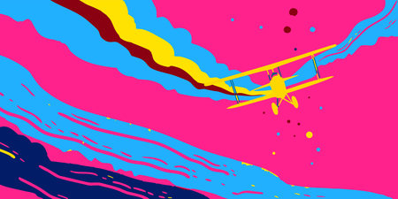 Experience a vibrant, stylized biplane illustration soaring through a dynamic, colorful sky in...