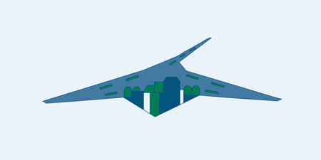 A stunning modern minimalist flat design illustration showcases a stealth aircraft with a vibrant...