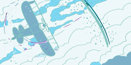 A charming, stylized illustration of a vintage biplane soaring through a whimsical sky. Light blue...
