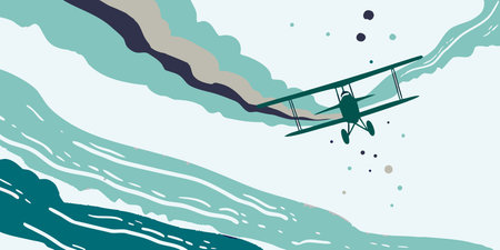 A stylized biplane illustration captures a nostalgic flight over a turquoise ocean. This retro...