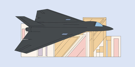 A stylized illustration shows a modern fighter jet flying over a geometric city with a soft pastel...