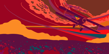 Discover a vibrant retro biplane illustration. This stylized artwork features bold colors and a...