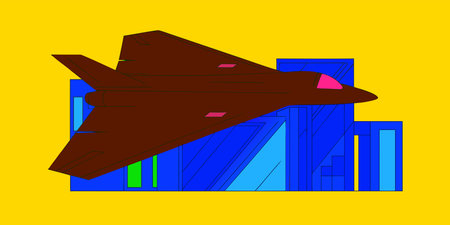 A stylized jet fighter illustration with a dark brown plane flying above a blue geometric abstract...