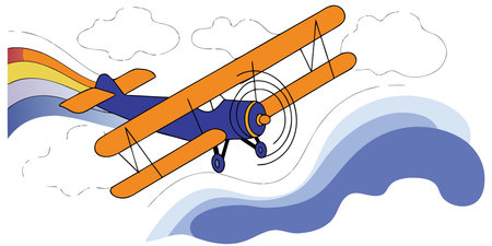 A vibrant, stylized illustration of a vintage blue and orange biplane with a spinning propeller. It...