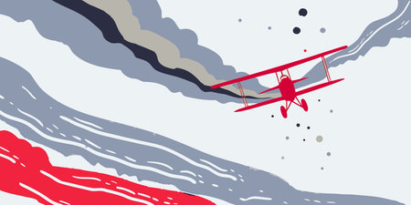 A striking graphic illustration captures a red biplane in dynamic flight over a stylized, textured...