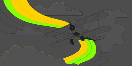 A captivating artwork featuring a classic biplane soaring through clouds, painting the sky with...