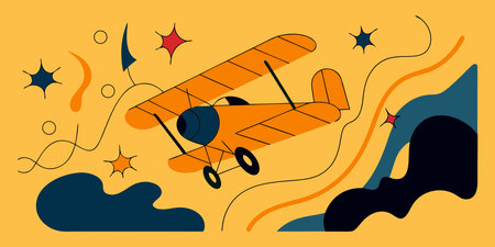 A colorful, retro-style illustration of an orange biplane soaring through a yellow sky with stylized...