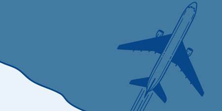 A stylized graphic illustration of an airplane soaring in a blue sky above a white cloud, perfect...