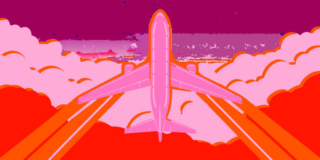 A vibrant and stylized airplane takes flight into a beautifully colorful sky. This abstract...