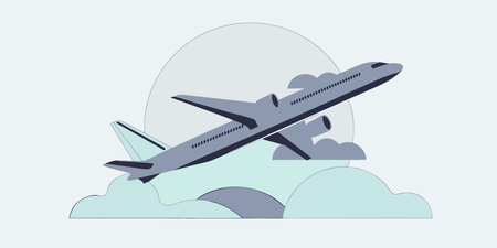 A modern, flat design illustration depicts an airplane taking off into a cloudy sky. This stylized...