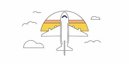 A stylized modern minimalist illustration depicts an airplane in flight through a colorful sky with...