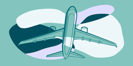 A minimalist illustration of a modern airplane against a flowing, abstract background. This graphic...