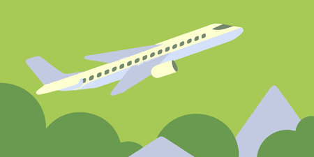 This modern flat design illustration presents a commercial airplane flying high over a beautiful...