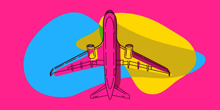 Explore a vibrant, modern illustration of an airplane, showcasing a bold, colorful, abstract...