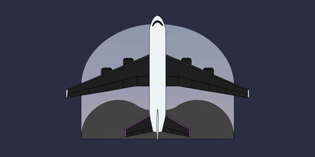 Stylized flat design airplane graphic ascending against a modern, smooth purple and gray gradient...