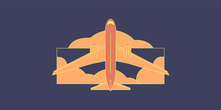 A stylized flat vector graphic depicts an airplane ascending. This minimalist illustration features...