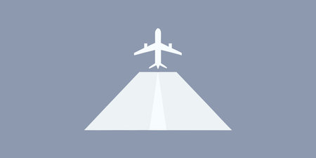 A simple black airplane icon depicts a jet taking off, symbolizing flight, departure, and air...