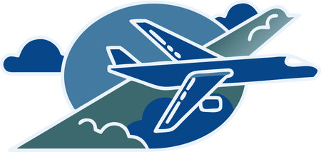 A modern, flat design vector illustration of a blue and teal airplane taking off into a cloudy sky....
