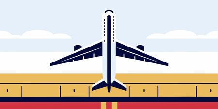 A modern flat design illustration of a passenger plane on a runway, ready for takeoff. This minimalist graphic depicts air travel and aviation, perfect for any transport or journey theme.のイラスト素材