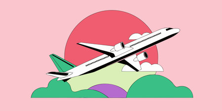A vibrant graphic illustration showcases a modern jet airplane ascending gracefully over a stylized...