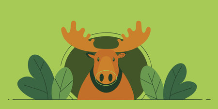 A charming and modern flat design illustration of a moose with large antlers peeking through green...