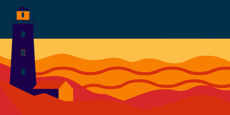 A modern flat design illustration of a stylized dark purple lighthouse. The scene features a vibrant sunset with layered warm colors and wavy ocean water. This retro-inspired graphic art piece is perfect for coastal and nautical themes.のイラスト素材