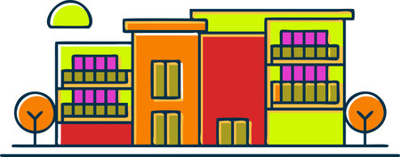 a vibrant and colorful flat design building illustration featuring symmetrical  and geometric shapes. this modern architectural sketch is perfect for creative and urban design projects.のイラスト素材