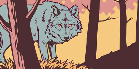 a vintage-style graphic illustration of a wolf with an intense gaze, set in a warm-toned woodland...