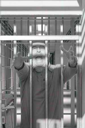 Psychiatric illness, psychopath, asylum, hospital psychiatrist, crazy man shouting through the barsの写真素材