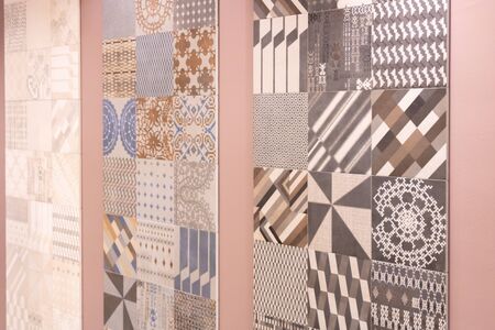 Credenza on kitchen wall made in Portuguese mosaic Azulejo of different colors and patterns wall...