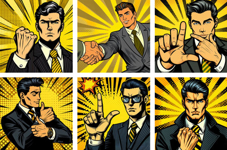 Businessman showing different emotions: Victory, hello I shake hands, thumbs up, I point fingers, I doubt. comics pop art yellow tonesの素材