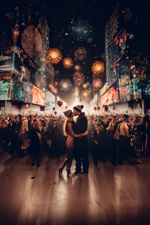 Heterosexual couple dressed in warm clothes kiss lovingly in front of a crowd during the New Year's Eve fireworks. End of year, New Year, celebrationsの素材