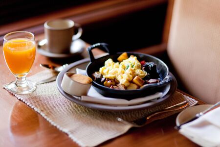 hearty delicious breakfast served in the panの写真素材