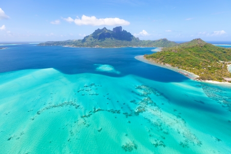 view from helicopter at mount otemanu at bora bora island, french polynesiaの写真素材