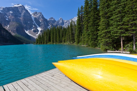 boating at beautiful moraine lake at banff national park, alberta, canadaの写真素材