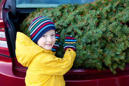 cheerful little boy holding christmas treeの写真素材