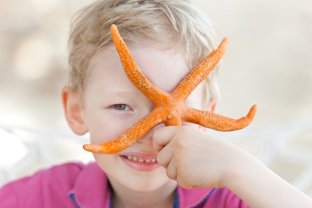 little boy holding starfish and playing with itの写真素材