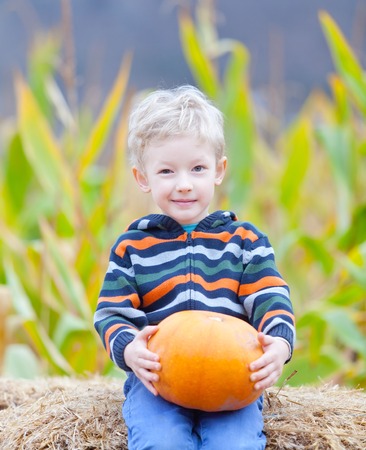 little boy at pumpkin patch holding pumpkinの写真素材