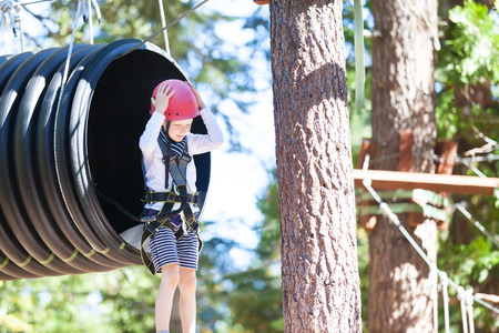 positive little boy climbing at outdoor treetop adventure park being active and healthyの写真素材