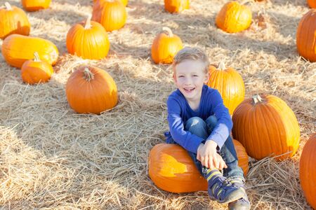smiling 6-year old boy having fun and enjoying autumn time at pumpkin patchの写真素材