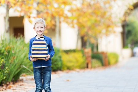 cheerful little schoolboy holding lunchbag, back to school concept