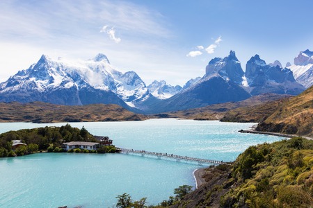 beautiful view at lake pehoe and cuernos del paine in torres del paine national park, patagonia, chileの写真素材