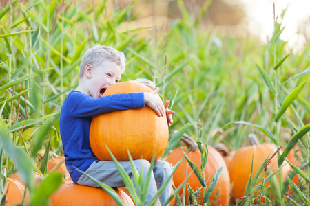 playful funny boy being silly and enjoying pumpkin patchの写真素材